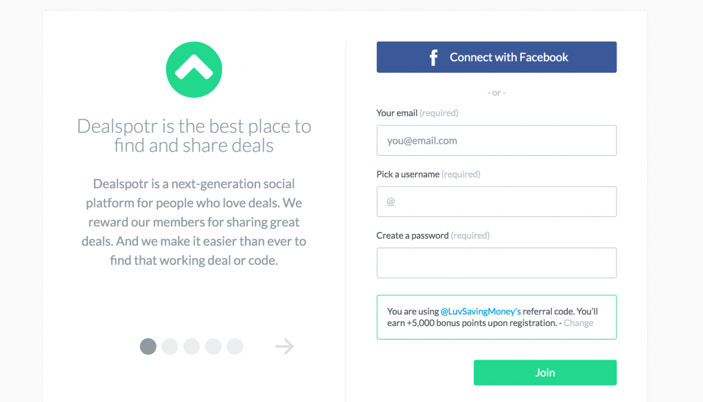 Dealspotr registration page